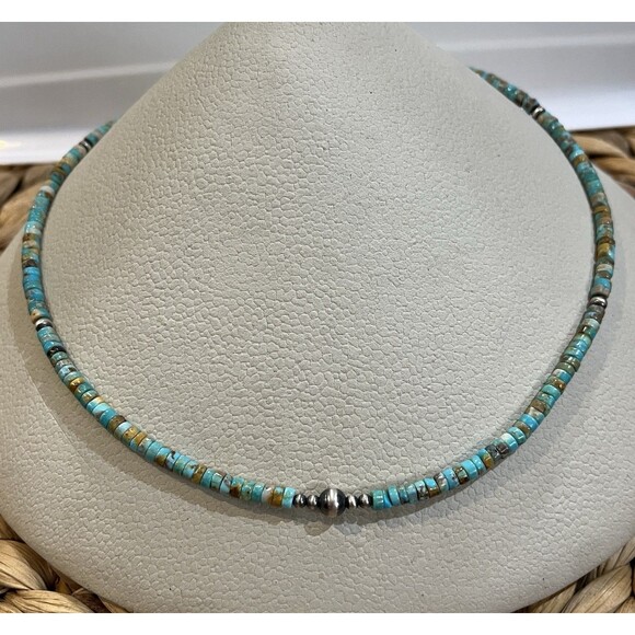 Green Turquoise Stabilized 6mm Heishi Navajo Pearls Sterling Silver Necklace 18” - Picture 1 of 7